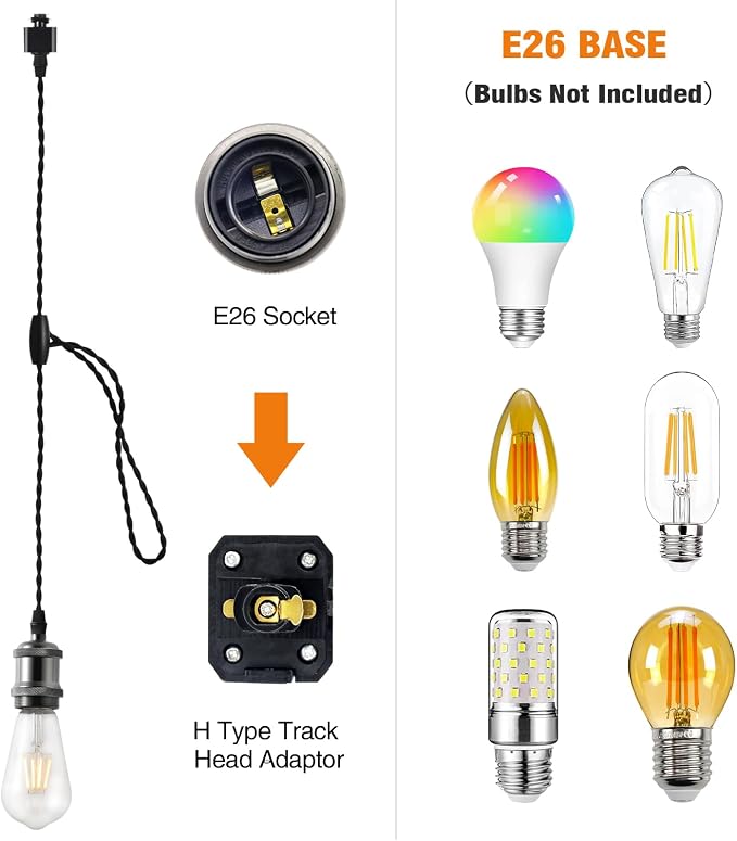 H Track Pendant Lights with Adjustable Cord, H Type Track Lighting Pendants Lights Fixtures with E26 Socket, Retro Vintage Style, Max Length 39.37 inch, Black 6 Pack(Bulbs Not Included)