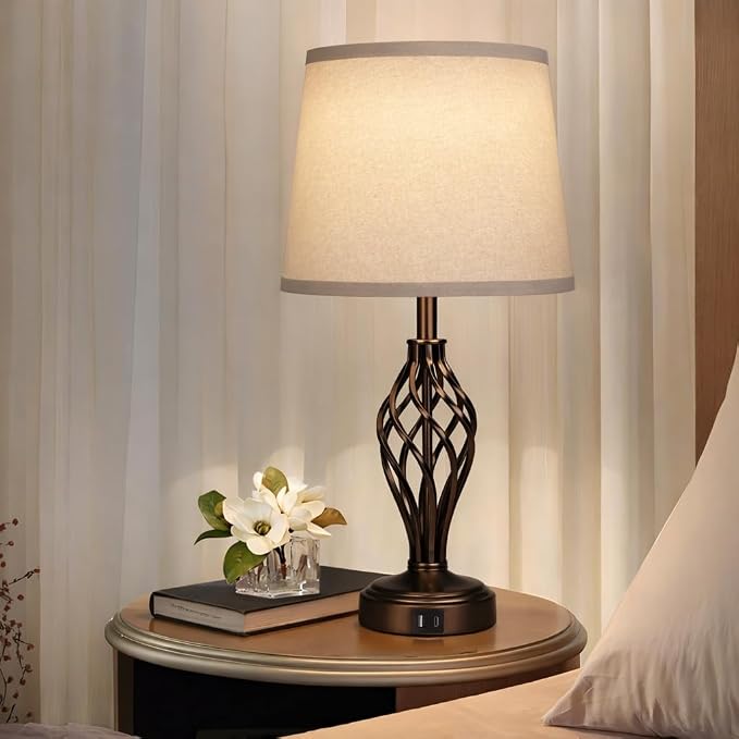 Ruiever Touch Table Lamps Set of 2, nightstand lamp with USB Ports Bedside 3 Way Touch dimmer Desk lamp for Living Room Bedroom,Brown Painted Spiral cage Base Design Warm White dimmer Bulbs Included.