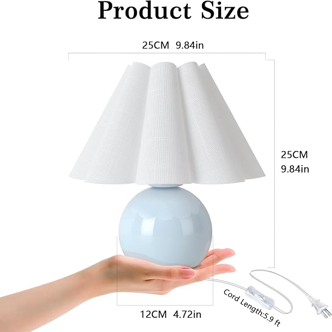 Light Blue Small Touch Control Table Lamp for Bedroom,Blue Bedside Lamps for Nightstand,Cute Mini Small Table Lamps for Small Spaces with Scalloped Shade for Kitchen Counter,Bookshelf,Living Room