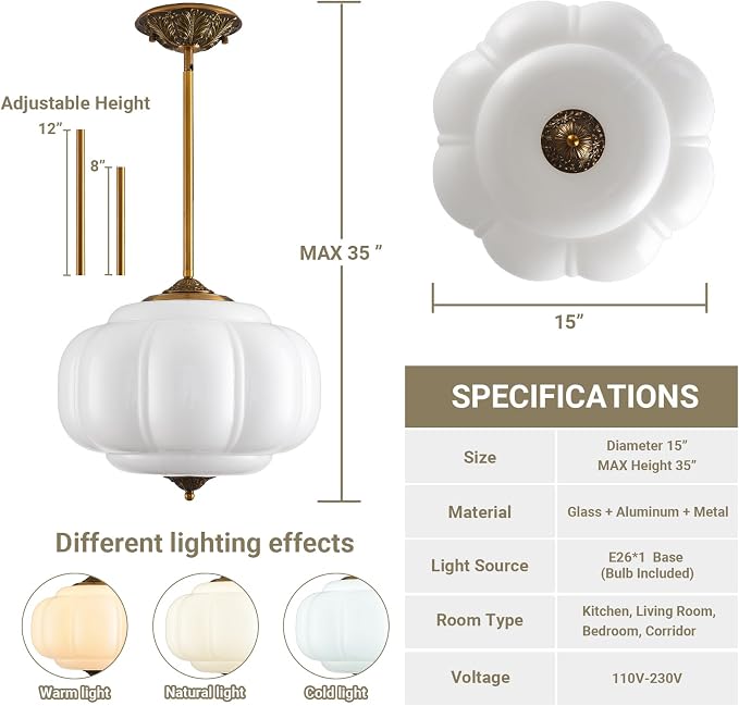 LOUSACE 15 in White Milk Glass Ceiling Light Fixture, Semi Flush Mount Vintage Milk Glass Pendant Light for Kitchen Island Hallway Bedroom Dining Room, LED Bulb Included