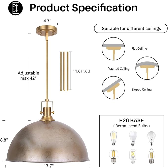 LamQee 18 Inch Antique Silver Large Pendant Light Kitchen Island, Farmhouse Modern Dome Pendant Light Fixtures Ceiling Hanging Lighting Chandelier for Dining Room Over Table, Bar, Hallway, Entryway
