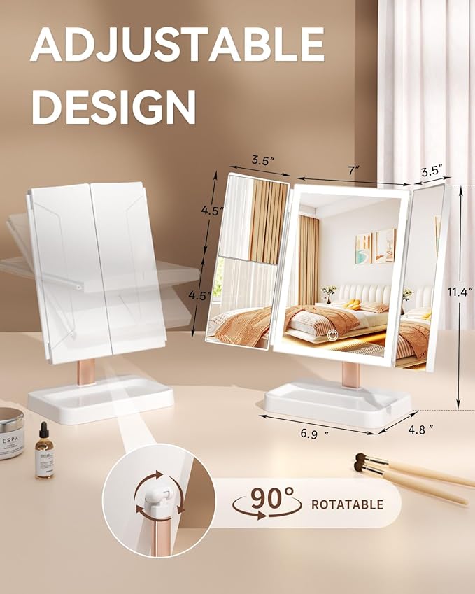 9 x 14 in Trifold Makeup Mirror with Lights, 1X/2X/3X, White | 76 LEDs with three color modes, touch dimming and a 2400mAh rechargeable battery for cordless tabletop use