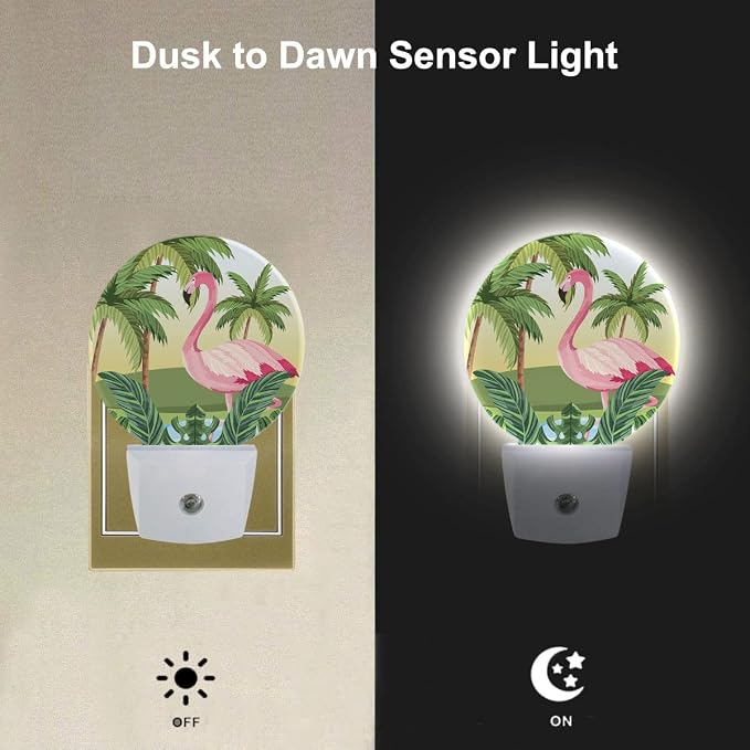 EKOBLA Tropical Flamingo Night Light, Palm Tree Jungle Plug-in Nightlight with Dusk to Dawn Light Sensors for Bedroom, Bathroom, Hallway, Kitchen, Gifts Ideal for Boys Girls Women Men