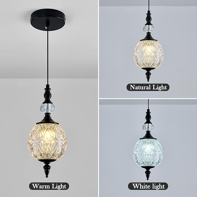 Piepooye 4.72" Vintage Mini Black Glass Pendant Light for Kitchen Island | Adjustable Hanging Ceiling Light Fixture Farmhouse Chandelier Dining Room Bedroom Foyer Entryway
