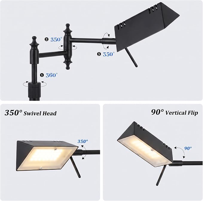 Bairth Black Reading Floor Lamp, Head 90°Rotatable Pharmacy Standing Lamp | 90°Rotatable Lamp Head 3 Color Temperature, Dimmable, 17W LED, Height Adjustable, 360°Swing Arm, Living Room, Bedroom, Craft