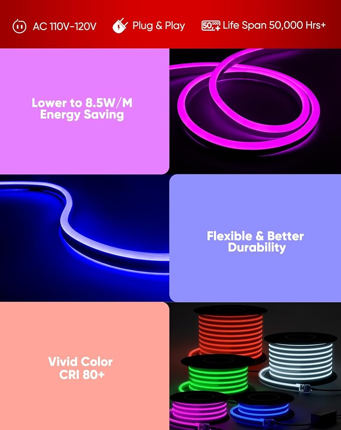 LED RGB Neon Rope Lights AC 120V, Expandable & Cuttable Bright Strip Lighting with Remote, Dimmable Color Changing, ETL Cold-Resistant & IP65 Waterproof for in&Outdoor, 10x20mm, 65.6FT
