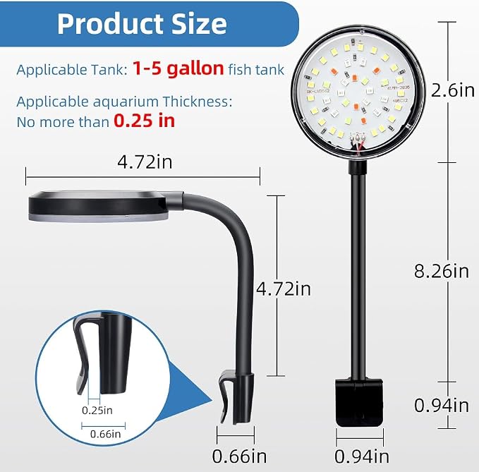 DaToo 6W Aquarium LED Light for 1-5 Gallon Betta Fish Tanks Mini USB Clip On Fish Tank Light with Full Spectrum & Dimmable Brightness