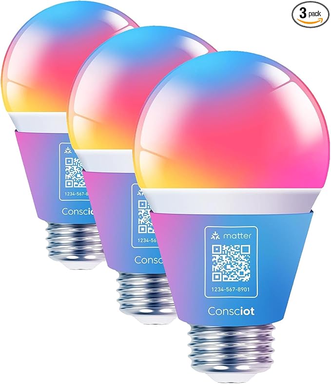 Consciot Smart Light Bulbs, WiFi Color Changing LED Light Bulb, A19 E26 RGBTW Light Bulbs That Works with Alexa/Google Home/Apple Home/Siri, Music Sync, 60W Equivalent Bluetooth Light Bulb, 3 Pack
