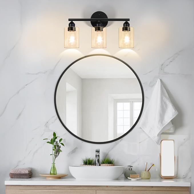 3-Light Bathroom Vanity Light Fixture, Black with Clear Amber Glass,17.3'' | Modern Wall Lamp, For Mirror