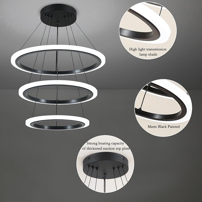 O'NEELDY Modern 3 Ring LED 52W Black Pendant Light with Irregular Ring Lights Adjustable Hanging Lamp for Dining Room Bedroom Kitchen Island Cafe