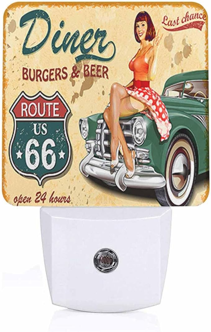 LED Night Light,Diner Route 66 Vintage Girl Red Skirt LED Night Light Plug into Wall with Dusk to Dawn Light Sensor White Energy Efficient Nightlight for Bedroom Bathroom Hallway Living Room Kitchen