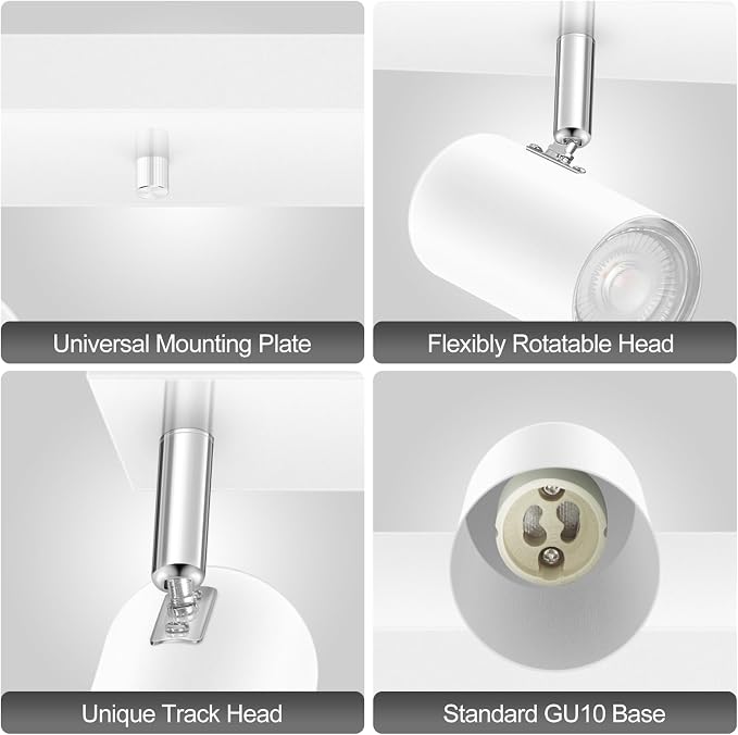 Plug in Track Lighting, 3 Light Ceiling Lighting Kit, White 3 Way Modern Wall Spotlight, 15 FT Cord,Flexibly Rotatable Complete Light Kits for Kitchen Cabinet Gallery Bar Living Room（No Bulb）