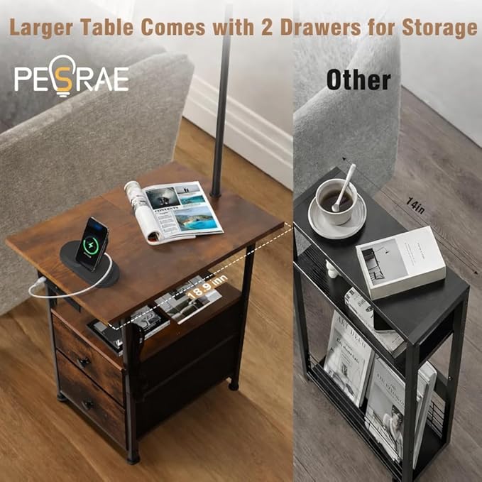 PESRAE Floor Lamp with Table & 2 Drawers, End Table with 3 Color Temperature Reading Light, Side Table Lamp with USB & Type C & AC Charging Port for Living Room, Bedroom (Rustic Fusion Brown)