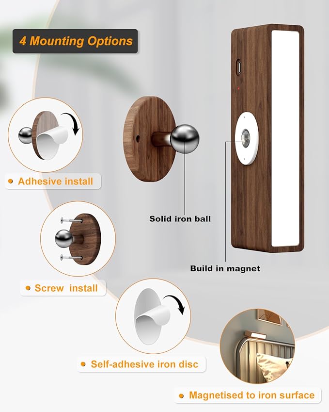 Wooden Wall Sconce Battery Operated with Remote,Rechargeable Wall Lights for Bedroom with 3 Color Temperature, Magnetic, Stick-On, Dimmable Wall Reading Lights (Walnutwood, 2 Pack)