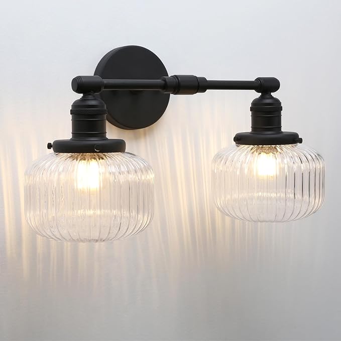 2-Lights Industrial Glass Wall Sconces, Antique Brass Clear Striped Globe Shade Wall Light Fixture for Bathroom Vanity, Bedroom, Dining Room, Living Room, Farmhouse, Stairs
