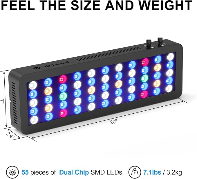 Wills Aquarium Light, 100W Full Spectrum LED Reef Lights, 20"x7"x2.4" | For Coral Saltwater Fish Tank, Blue/White Dual Dimmable Channels, 55 Premium SMD LEDs, Daisy Chain Design, Hanging Kit