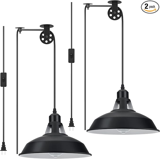 Plug in Pendant Light, Hanging Lamp with Black Barn Pendant Lighting with 14.76ft Cord On/Off Switch, Adjustable Pulley Hanging Pendant Lighting for Kitchen Bedroom Restaurant 2 Pack