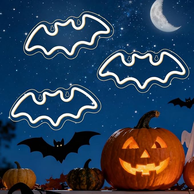 NOSUN 3 Bats Shape Neon Signs Night Lights Warm White Bats LED Light for Bedroom Bar Wall Halloween Decor Home Cafe Recreation Room Wall Artwork