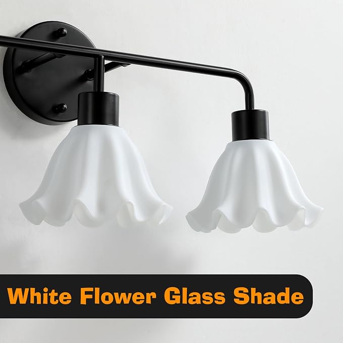 3 Light Black Bathroom Light Fixture,Modern Black Vanity Lighting Over Mirror,Cute White Glass Flower Lampshade,Wall Sconces,E26 Socket(Bulbs Not Included)