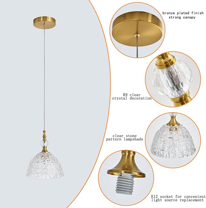 Glass Pendant Light Set of 3 Bronze Small Pendant Light with Clear K9 Crystal Ball Hanging Lights 7.68 in for Kitchen Island Hallway Entryway Bedroom lampara colgante para isla de cocina