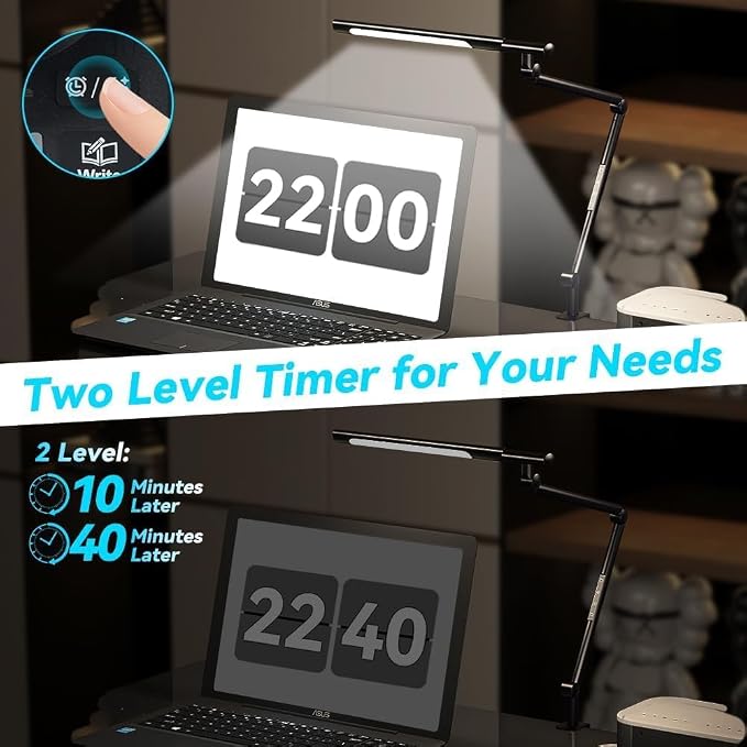 Adjustable LED Desk Lamp Modern Black - Clamp Mount Office Table Light with Desktop Remote Control, Adjustable Brightness & Color Temperature, 5 Lighting Modes for Reading, Computer, DIY
