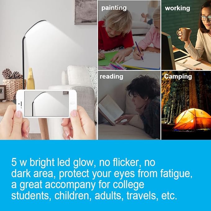DEEPLITE 2 Pack LED Desk Lamp with Flexible Gooseneck 3 Level Brightness, Battery Operated Table Lamp 5W Touch Control, Compact Portable Rechargeable Desk Lamp for Dorm Study Office Bedroom - Black