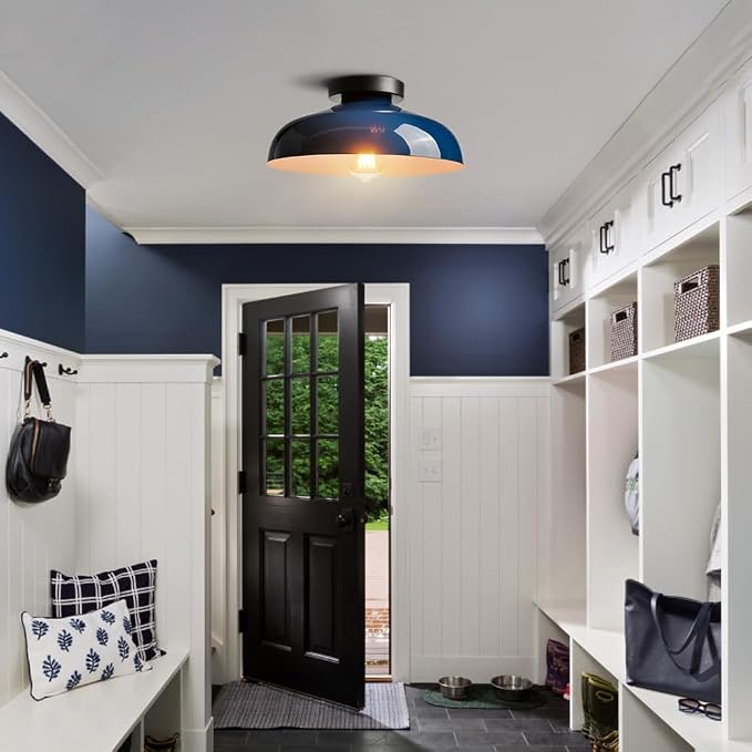 DIRYZON Industrial Blue Semi Flush Mount Ceiling Light, 12-Inch | Metal Ceiling Lighting Ceiling Light Fixture for Porch Kitchen Bedroom Living Room Hallway Entryway