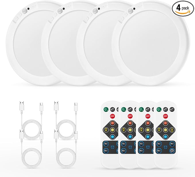 Bojim 4 Pack Rechargeable Battery Operated Ceiling Light with Remote | Wireless Motion Sensor Magnetic Waterproof Shower Lights No Wiring & Dimmable 3CCT for Shed Bathroom Closet
