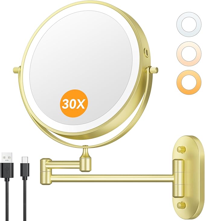 Auxmir 1X/30X Wall Mounted Makeup Mirror, 8" Rechargeable Magnifying Mirror | double-sided button, 3200mAh, 3 dimmable colors, 360° rotation, extended arm, 30X magnification, bathroom, gold