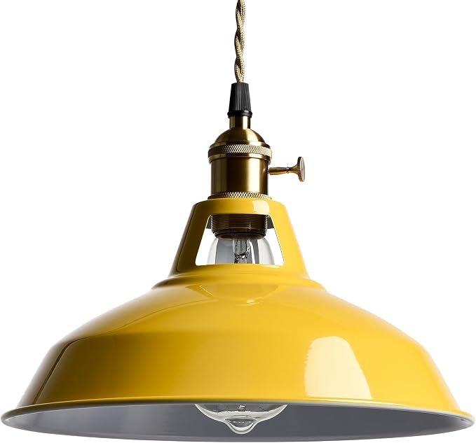 YUBOLE Nordic Plug in Hanging Pendant Light with Yellow Metal Barn Shade | 10.6"W Barn Shade, E26 Hanging Swag Light Fixture with Switch for Kitchen Bedroom Foyer Dining Bar Reataurant Cafe Loft