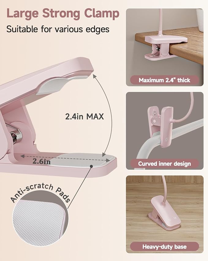 CUHIOY Rechargeable Clip on Reading Light for Bed Headboard, Pink, 1 Pack | Large Clamp Flexible Neck, Battery Desk Lamp, 5 Color 5 Brightness Touch Control, Flicker-Free LED Bedside Night Light