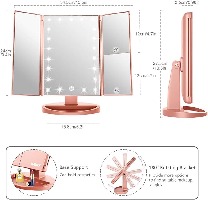 WEILY Makeup Mirror with 21 LED Lights,Two Power Supply Modes | Touch Screen and 1x/2x/3x Magnification Tri-Fold Vanity Mirror for Makeup Desk(Rose Gold)