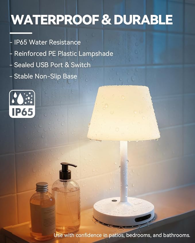 SAIWEYA Outdoor Waterproof Shower Lamp, 5200mAh Rechargeable Bathroom Lamp | IP65 Cordless Shower Light, Touch Dimming, Long-Lasting Battery, Versatile for Patio, Camping, Bathroom, Restaurant & Kitchen