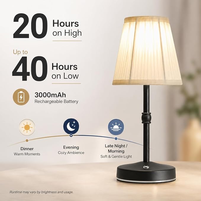 3000mah Battery Powered Lamp for Home,Small Cordless Lamps Rechargeable,3 Color Temperature 5W LED Touch Lamp Battery Operated Table Lights,Wireless Lamps for Tables,Kitchen,Living Room (Black,H11”)