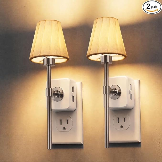 L LOHAS LED Night Lights Plug into Wall, Pleated Fabric Cover Night Light | 2 Pack Vintage Nightlight With Dusk to Dawn Sensor, 0-100LM Dimmable, for Bedroom Living Room Hallway