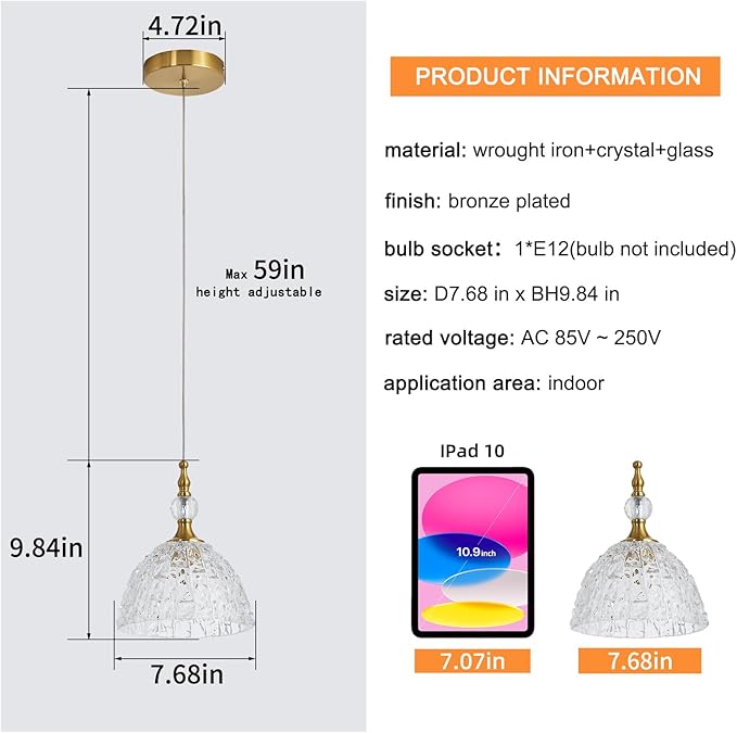 Modern Bronze Glass Pendant Light 7.68 in Dome Light Fixture with Clear K9 Crystal Ball Adjustable Height Vintage Mini Hanging Lights for Kitchen Island Bedroom Dining Room Living Room