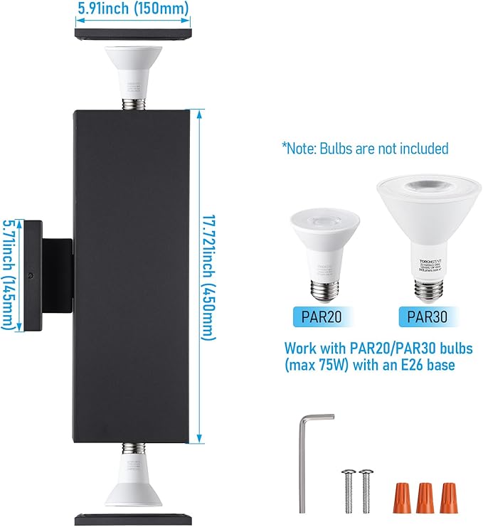 LEONLITE Modern Outdoor Rectangular Wall Lights 18", Porch Light in 2 Lights, Up Down Lights, Matte Black Waterproof Wall Sconce, Aluminum, E26 Base, Exterior Light Fixture Wall Mount, ETL, Pack of 2