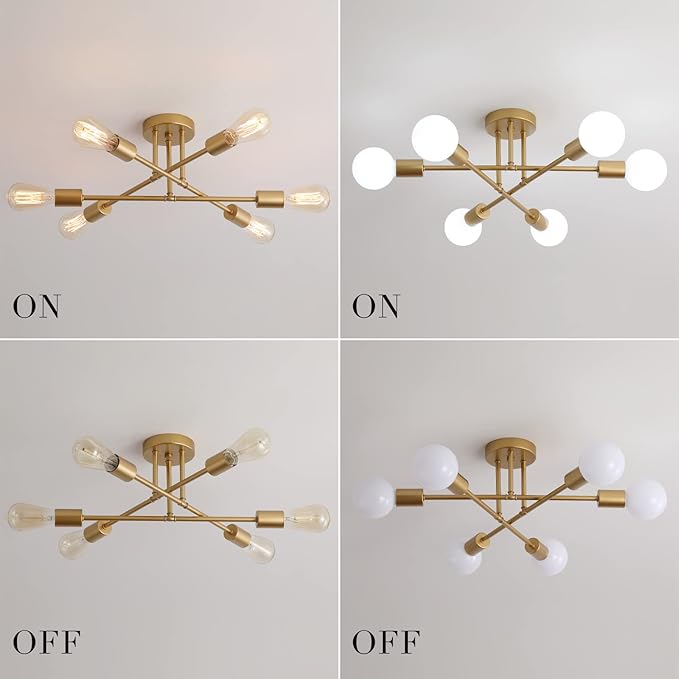 Gold Modern Sputnik Chandelier Ceiling Light Fixtures,6-Lights Industrial Metal Semi Flush Mount Ceiling Light for Bedroom Dining Room Living Room Kitchen Hallway UL Listed