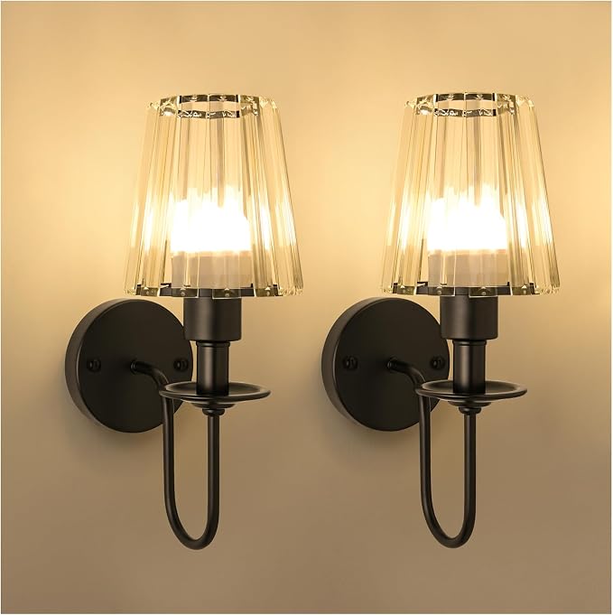 Battery Operated Wall Sconces Set of 2, Black Crystal Wall Lights | 5200mAh rechargeable wall lights with magnetic bulbs, remote control, 15 colors, 10-level dimming and timer for bedrooms
