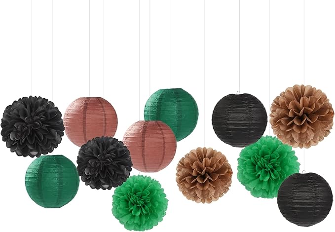 Football Party-Decorations Paper-Flowers - 15pcs Green Brown Black Tissue Pom Poms Lanterns Streamers,Birthday Baby Shower Bachelorette Hanging Supplies Decor Hugfond