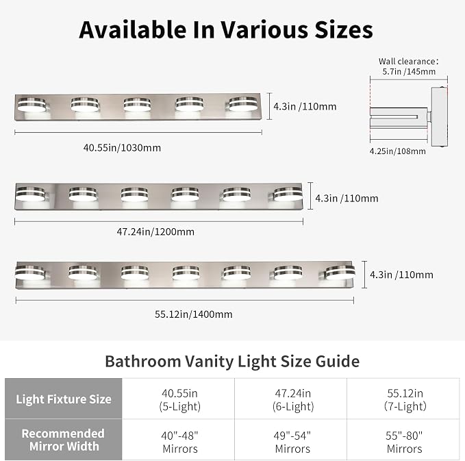 LED Modern Bathroom Vanity Light Fixtures 6-Light 47.24in 36W | LED Dimmable Bath Lights, Modern Wall Mounted Lighting Fixture with Rotating Lamp Head, Acrylic Metal, 5CCT Dimmable