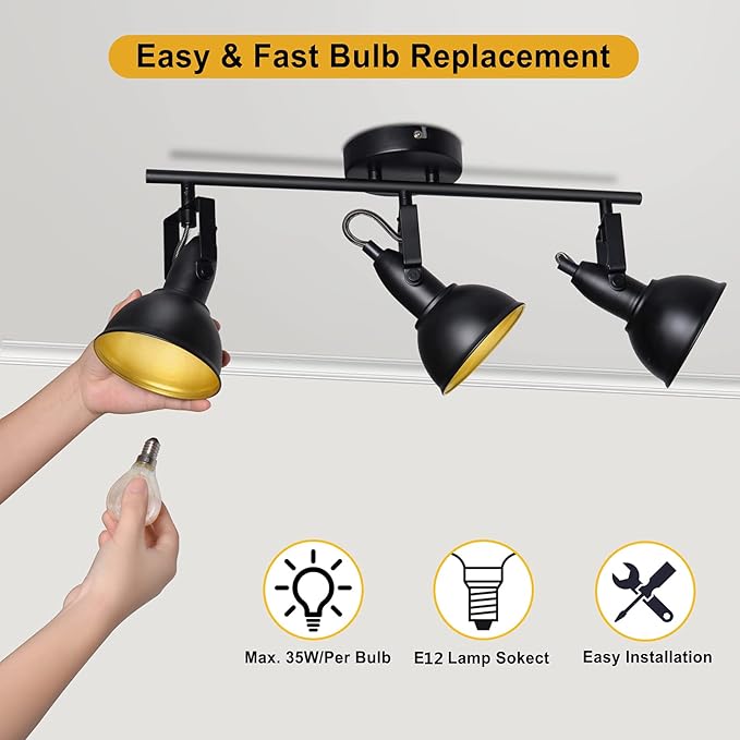 HiBay Retro LED Ceiling Spot Lights Fixtures, 3-Light Flexible Track Lighting Kit Black, Directional Spotlight for Kitchen Bedroom Dining Room, Candelabra E12 Base (No Bulbs)