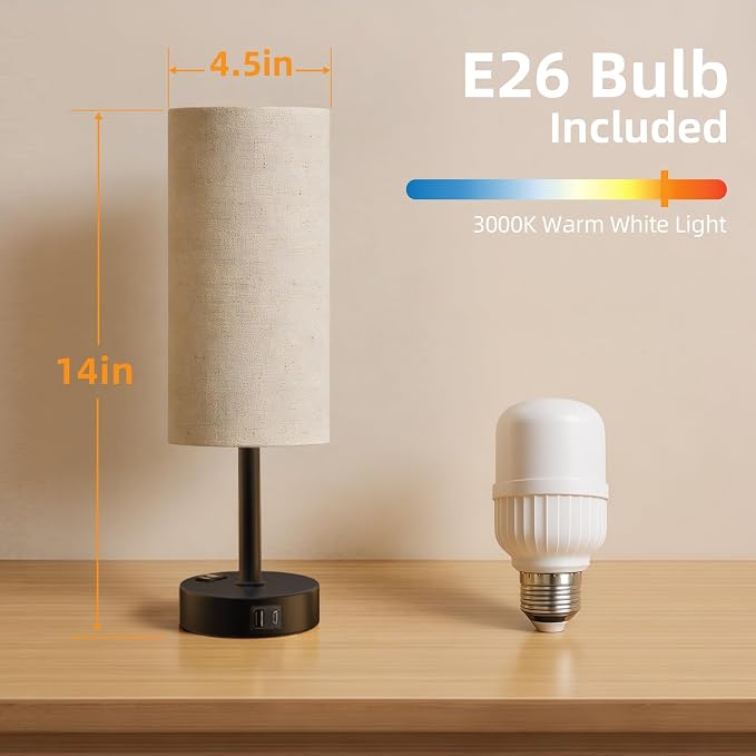 Table Lamp for Nightstand, High-Sensitivity Touch, 3-Level Dimmable Bedside Lamp with AC Outlet | USB | and USB-C, Ideal Night Stand Lamp for Bedroom, Reading, Living Room (Beige&Black)