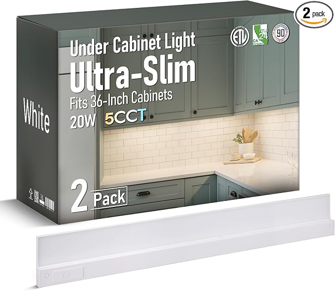 TORCHSTAR 2-Pack Ultra-Slim LED Under Cabinet Lighting Fits 36" Cabinets | 5CCT, Hardwired & Plug-in, 20W 1500LM, 120V CRI90 Linkable Dimmable Thin Under Counter Lights for Kitchen, ETL T24, White