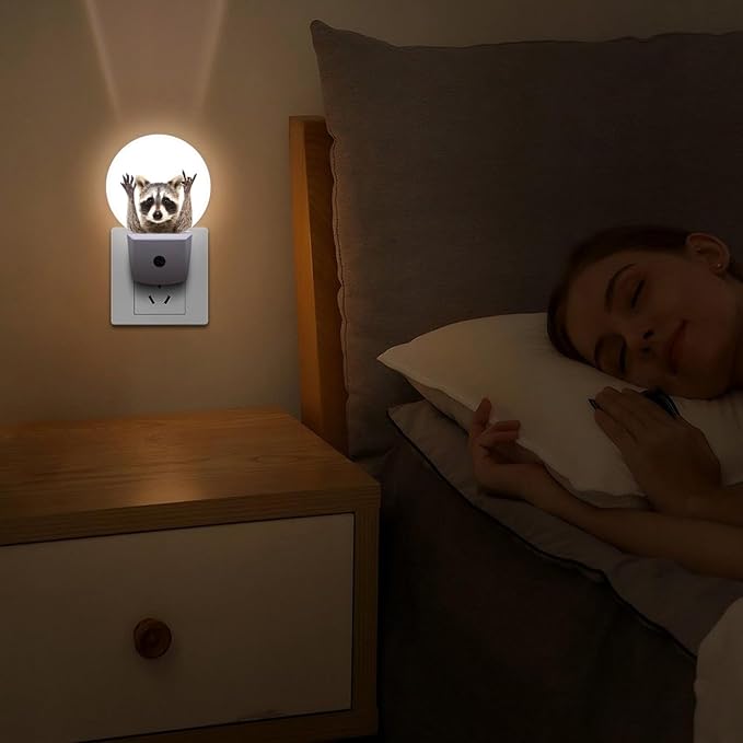 Round LED Night Light,Funny Cute Raccoon LED Night Light Plug into Wall with Dusk to Dawn Light Sensor White Energy Efficient Nightlight for Bedroom Bathroom Hallway Living Room Kitchen