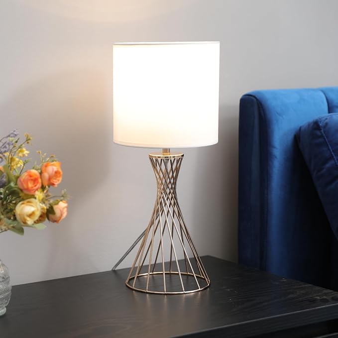 Gold Table Lamp, Small Cute Gold Desk Lamp, Nightstand Lamp, Modern Bedside Lamp with White Fabric Shade, Metal Geometric Hollow Out Base Lamps for Living Room Bedrooms Kids Room
