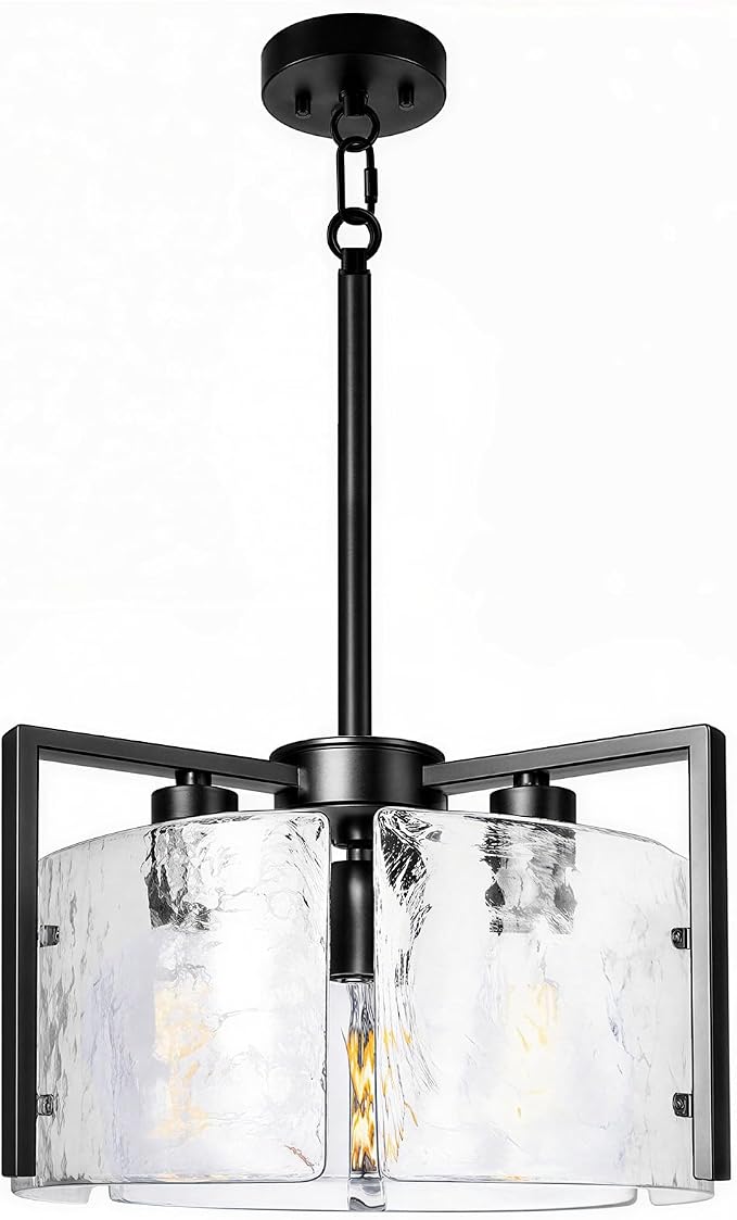 14.2 Inch Black Chandeliers for Dining Room, Adjustable Height | 3-Light Modern Entryway Light Fixture, Glass Pendant Lights for Kitchen Island Foyer Bedroom Bathroom