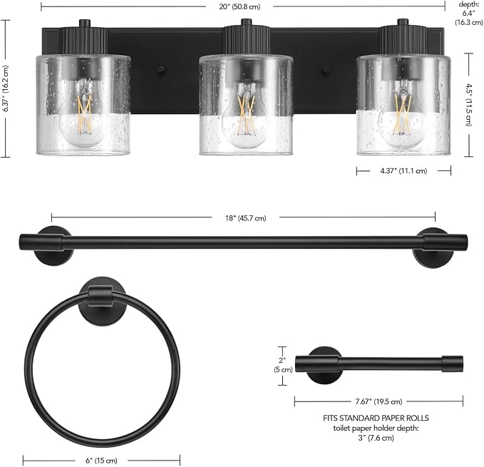 Globe Electric 4-Piece All-in-One Bathroom Set, Matte Black, 3-Light Vanity Light with Seeded Glass Shades, Towel Bar, Toilet Paper Holder, Towel Ring