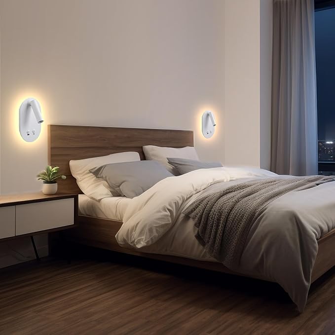 Wall Lamp Plug in Hardwired 2 in 1 Wall Sconces, Wall Mounted Reading Light with USB Type C Ports, Adjustable Bedside Headboard Spotlight, Bedside Lamp with 9W+3W Night Light 3000K (White)
