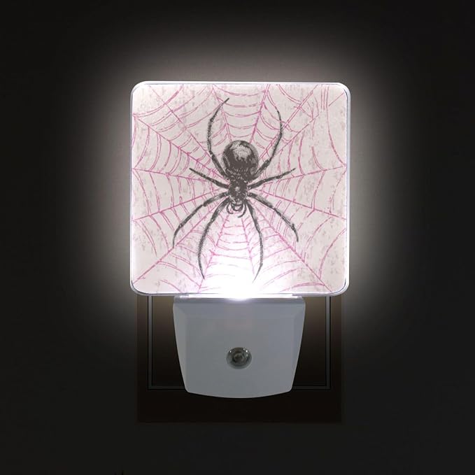 Black Spider on Pink Web Night Light Dusk to Dawn Sensor LED Night Dimmable Nightlight Lights Plug into Wall for Living Room